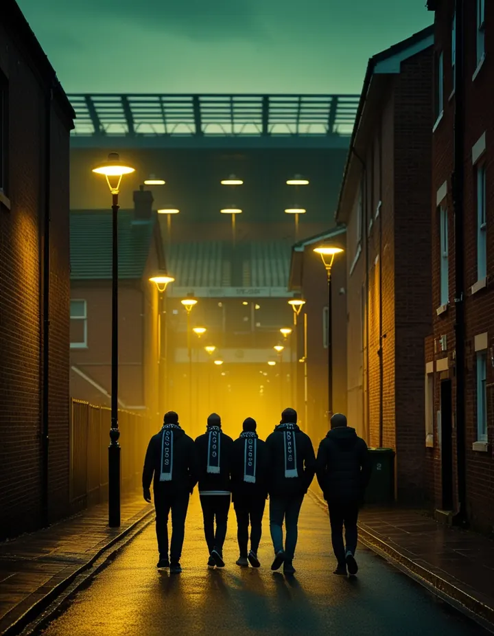 Fans walk up a red-brick street to a stadium on a match evening