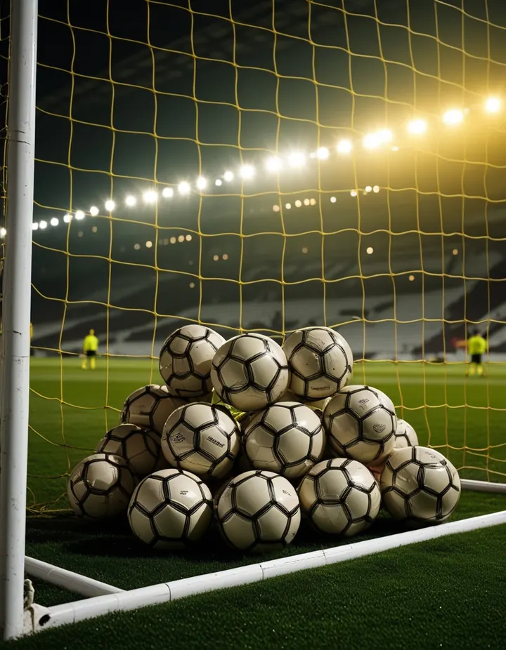 Balls piled in a goal mouth after shooting practice