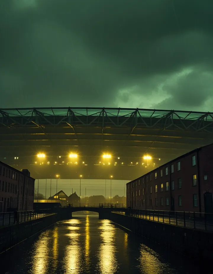 Floodlights over a northern English stadium in the rain
