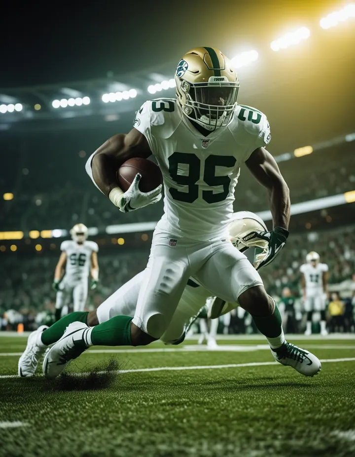 A running back breaks a tackle under stadium lights