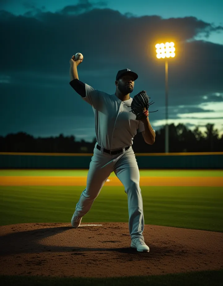A pitcher delivers from the mound at dusk