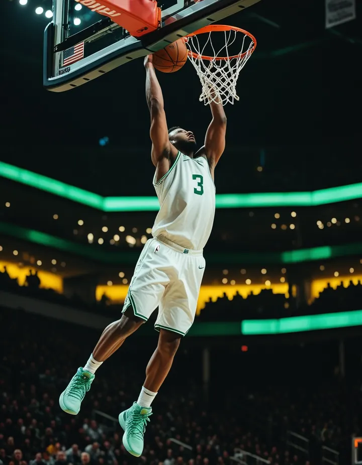 A player rises for a dunk in a packed arena