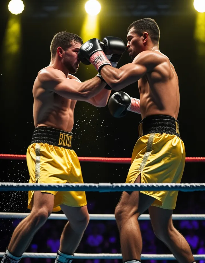 Two boxers trade punches under ring lights
