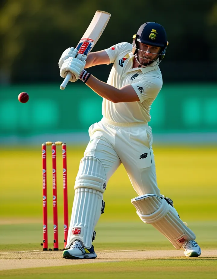 A batter in Test whites plays a drive on a sunlit ground