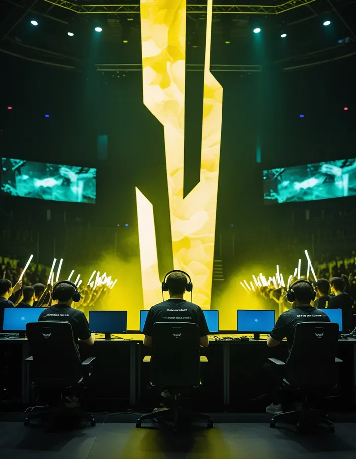 Esports players on a lit stage in front of a crowd