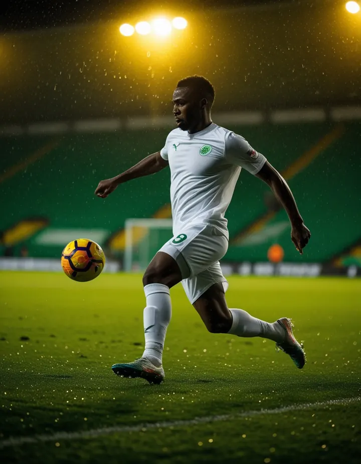 A footballer strikes the ball under floodlights in the rain