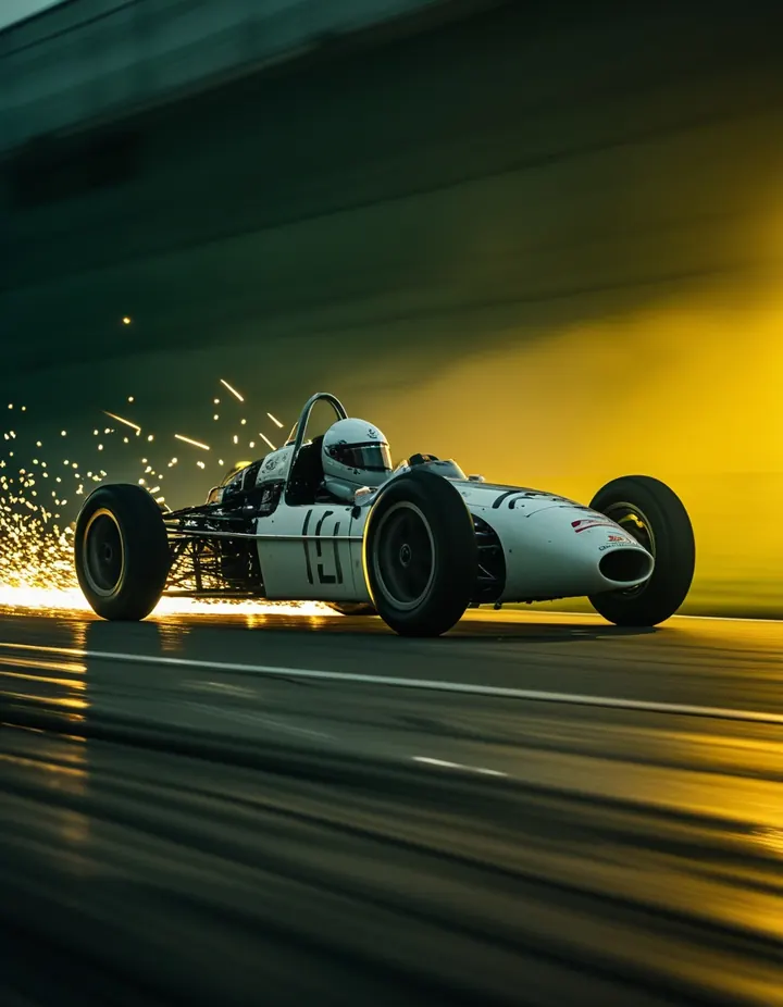 An open-wheel racing car through a corner at speed