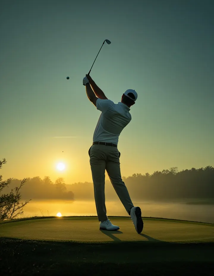 A golfer finishes a drive on a tee above a lake