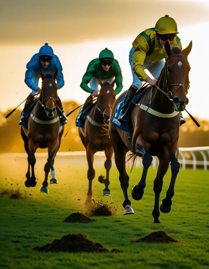 Racehorses at full gallop on turf