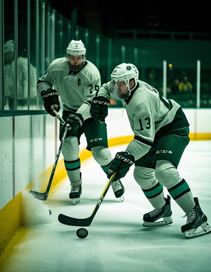 Two ice hockey players battle for the puck along the boards