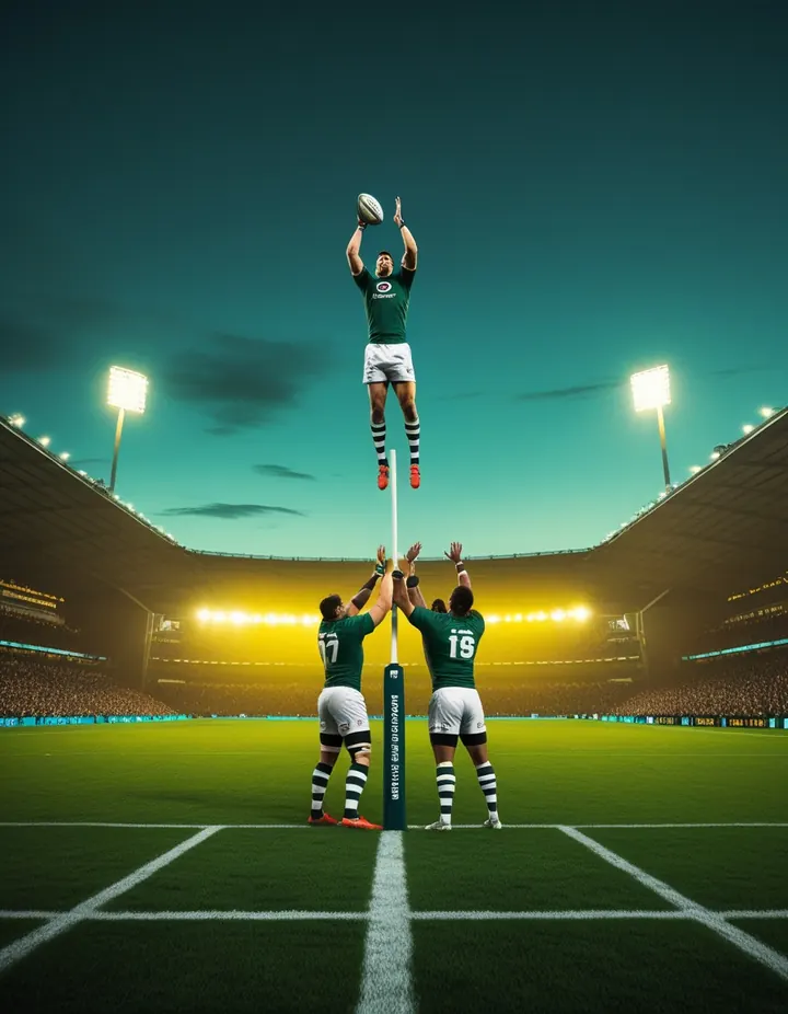 A rugby lineout with a player lifted high