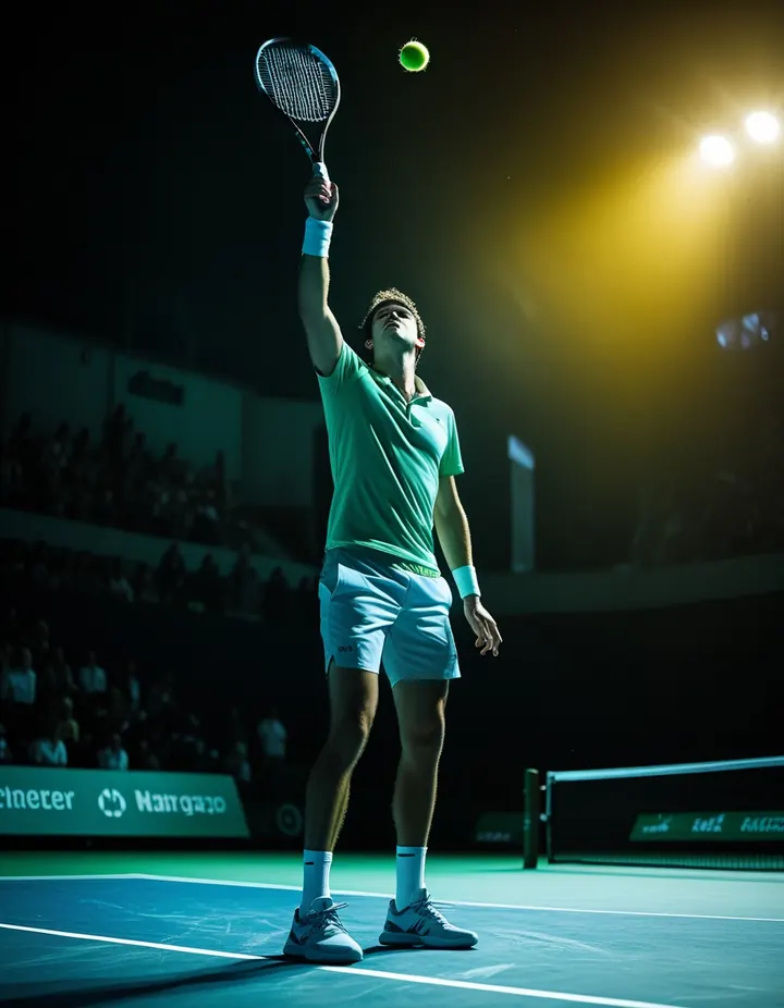 A tennis player serves on a hard court at night