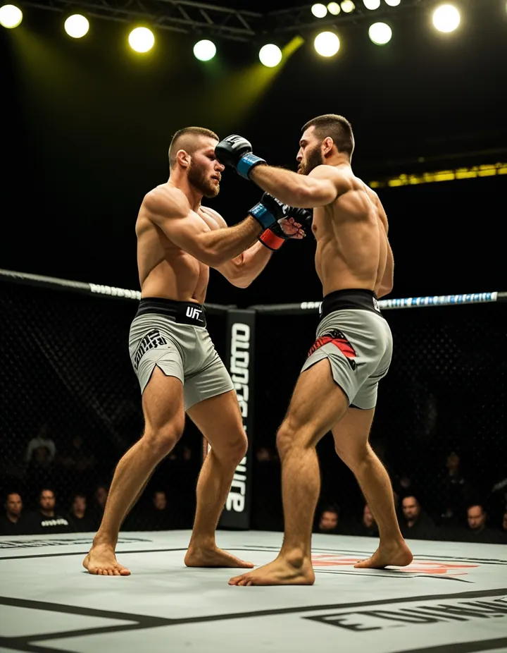 Two mixed martial artists exchange strikes inside a cage